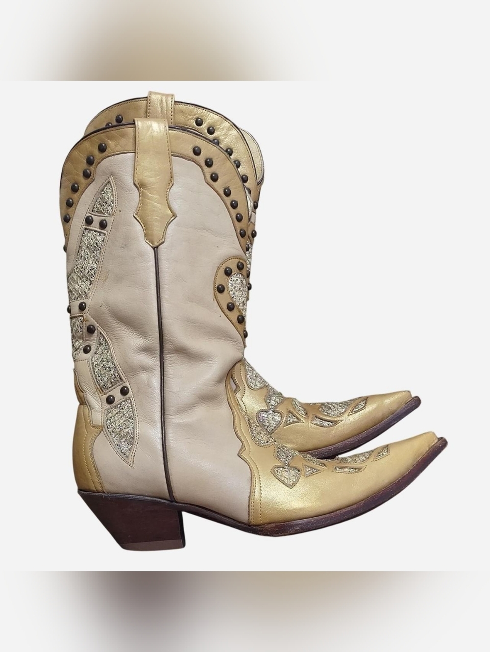 Rudel Golden Sparkly Hearth Patches Studded Leather Ladies Cowboy Boots Sz 8.5 E